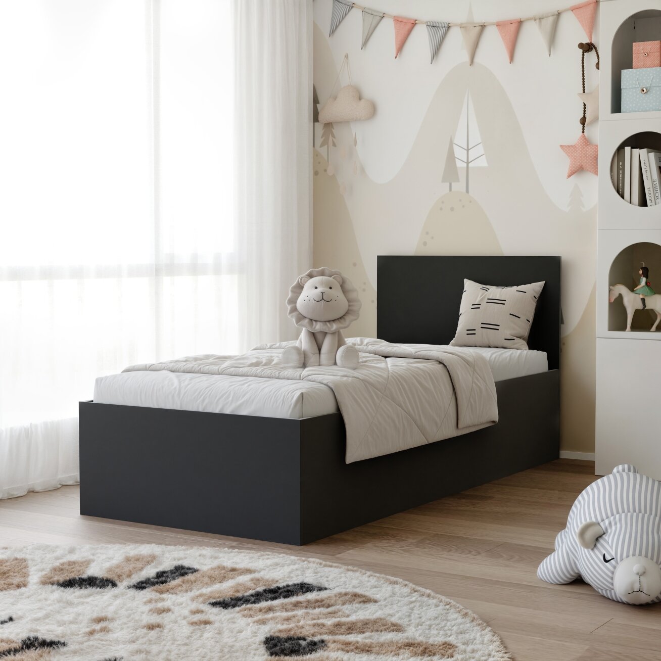 Lova su mediniu grotelių rėmu SIMPLE 90x200 cm Spalvos: Juoda, Putų poliuretano čiužinys: taip
