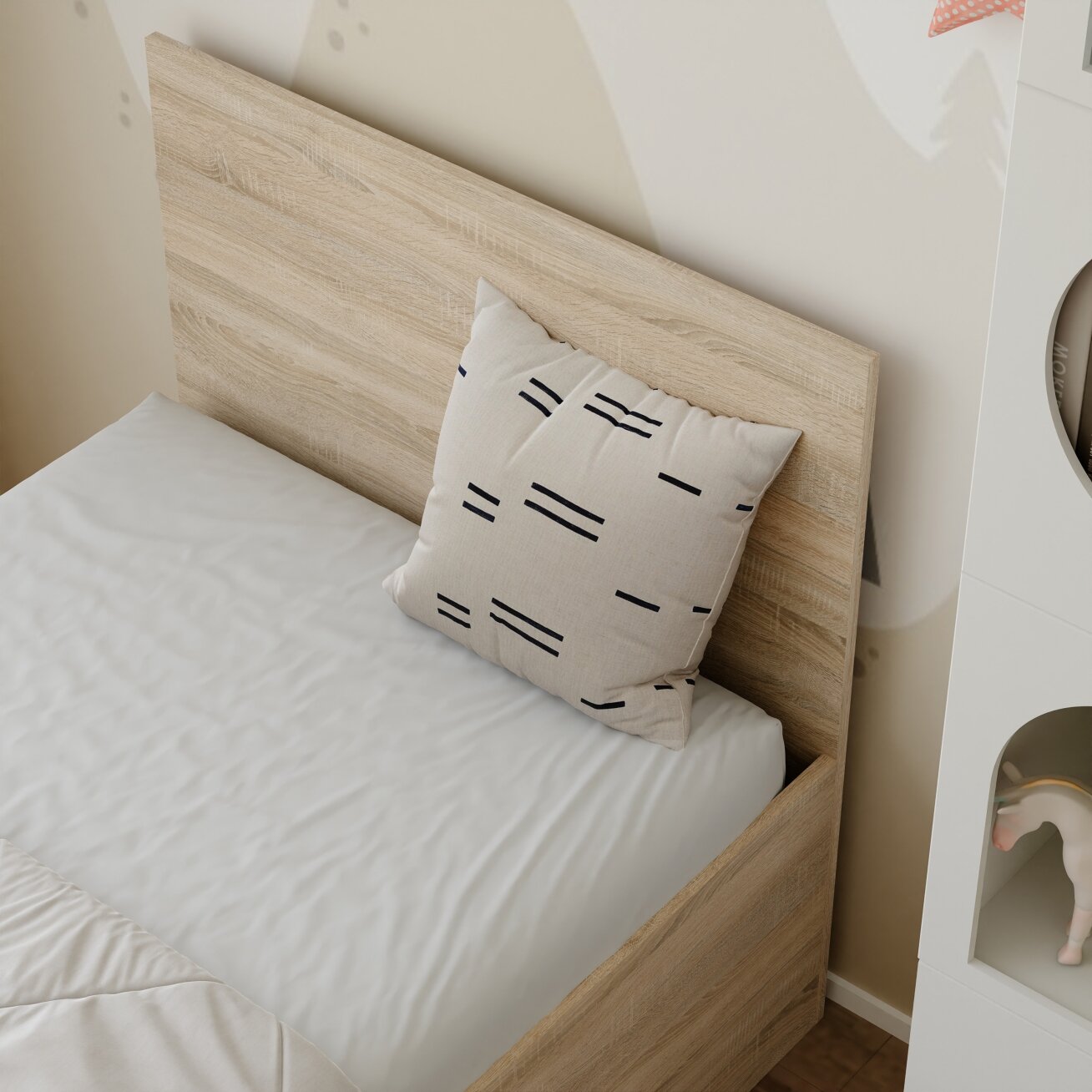 Lova su mediniu grotelių pagrindu SIMPLE 90x200 cm Spalvos: Sonoma ąžuolas, Putų poliuretano čiužinys: taip 2 Lova su mediniu grotelių pagrindu SIMPLE 90x200 cm Spalvos: Sonoma ąžuolas, Putų poliuretano čiužinys: taip 2