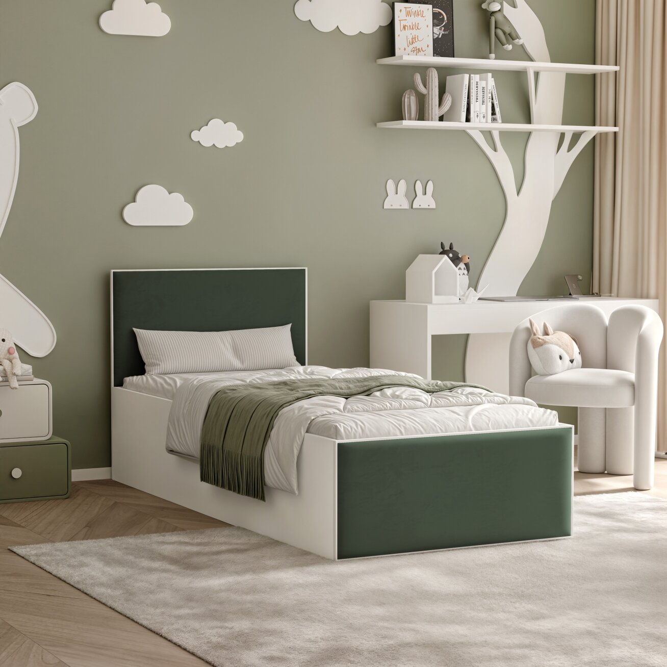 Lova su apmuštomis panelėmis ir grotelių rėmu SASHI 90x200 cm Putų čiužinys: ne, Spalvos: Royal Green (Žalia), Spalva: Balta Lova su apmuštomis panelėmis ir grotelių rėmu SASHI 90x200 cm Putų čiužinys: ne, Spalvos: Royal Green (Žalia), Spalva: Balta