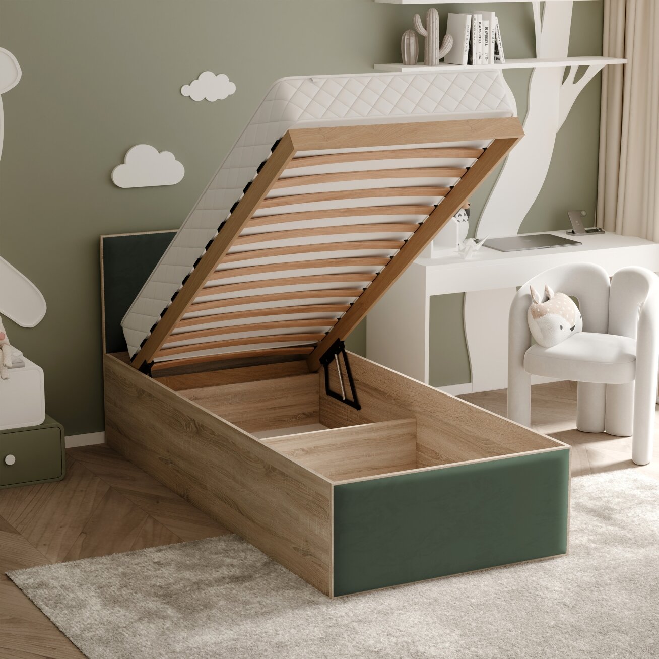 Lova su apmuštomis panelėmis ir grotelėmis SASHI 90x200 cm Putų čiužinys: ne, Spalvos: Royal Green (Žalia), Spalva: Sonoma ąžuolas 1 Lova su apmuštomis panelėmis ir grotelėmis SASHI 90x200 cm Putų čiužinys: ne, Spalvos: Royal Green (Žalia), Spalva: Sonoma ąžuolas 1