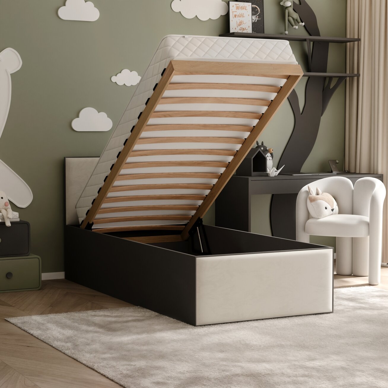Lova su apmuštomis plokštėmis ir grotelių rėmu SASHI 90x200 cm Putų čiužinys: ne, Spalvos: Royal Elephant (pilkai žalia), Spalva: juoda 4 Lova su apmuštomis plokštėmis ir grotelių rėmu SASHI 90x200 cm Putų čiužinys: ne, Spalvos: Royal Elephant (pilkai žalia), Spalva: juoda 4