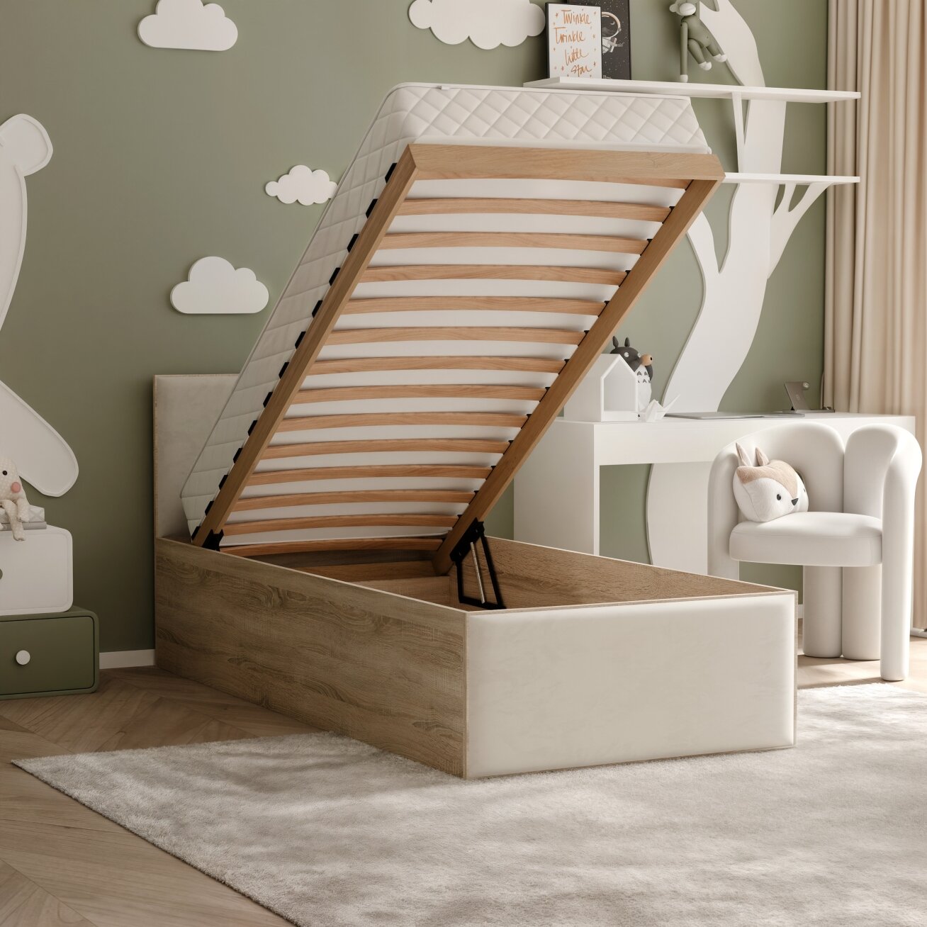 Lova su minkštomis apmuštomis plokštėmis ir grotelių rėmu SASHI 90x200 cm Putų poliuretano čiužinys: taip, Spalvos: Royal Elephant (pilkai žalia), Spalva: Sonoma ąžuolas 4 Lova su minkštomis apmuštomis plokštėmis ir grotelių rėmu SASHI 90x200 cm Putų poliuretano čiužinys: taip, Spalvos: Royal Elephant (pilkai žalia), Spalva: Sonoma ąžuolas 4