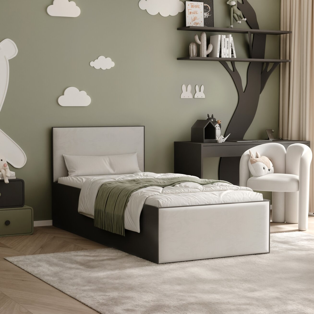 Lova su minkštomis apmuštomis panelėmis ir grotelių rėmu SASHI 90x200 cm Putų čiužinys: taip, Spalvos: Royal 04 (šviesiai smėlinė), Spalva: juoda