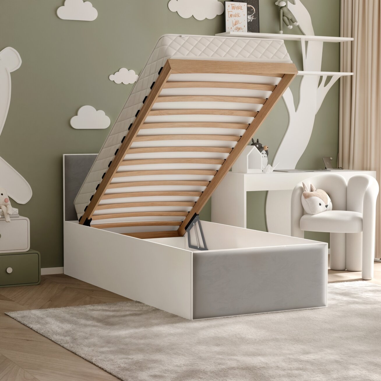 Lova su apmuštomis panelėmis ir grotelių rėmu SASHI 90x200 cm Putų čiužinys: ne, Spalvos: Royal 27 (Pilka), Spalva: Balta 4 Lova su apmuštomis panelėmis ir grotelių rėmu SASHI 90x200 cm Putų čiužinys: ne, Spalvos: Royal 27 (Pilka), Spalva: Balta 4