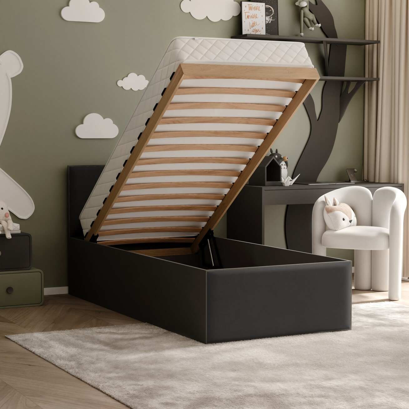 Lova su apmuštomis panelėmis ir grotelėmis SASHI 90x200 cm Putų čiužinys: ne, Spalvos: Royal 31 (juoda), Spalva: juoda 4