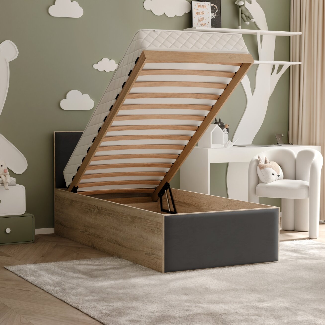 Lova su apmuštais paneliais ir grotelėmis SASHI 90x200 cm Putų čiužinys: ne, Spalvos: Royal 31 (Juoda), Spalva: Sonoma ąžuolas 4 Lova su apmuštais paneliais ir grotelėmis SASHI 90x200 cm Putų čiužinys: ne, Spalvos: Royal 31 (Juoda), Spalva: Sonoma ąžuolas 4