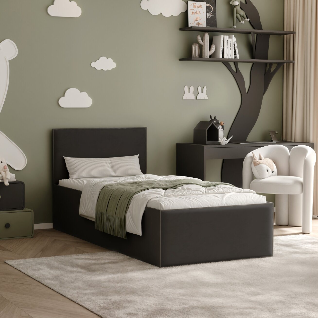 Lova su apmuštais skydeliais ir grotelėmis SASHI 90x200 cm Putų čiužinys: taip, Spalvos: Royal 31(Juoda), Spalva: Juoda Lova su apmuštais skydeliais ir grotelėmis SASHI 90x200 cm Putų čiužinys: taip, Spalvos: Royal 31(Juoda), Spalva: Juoda