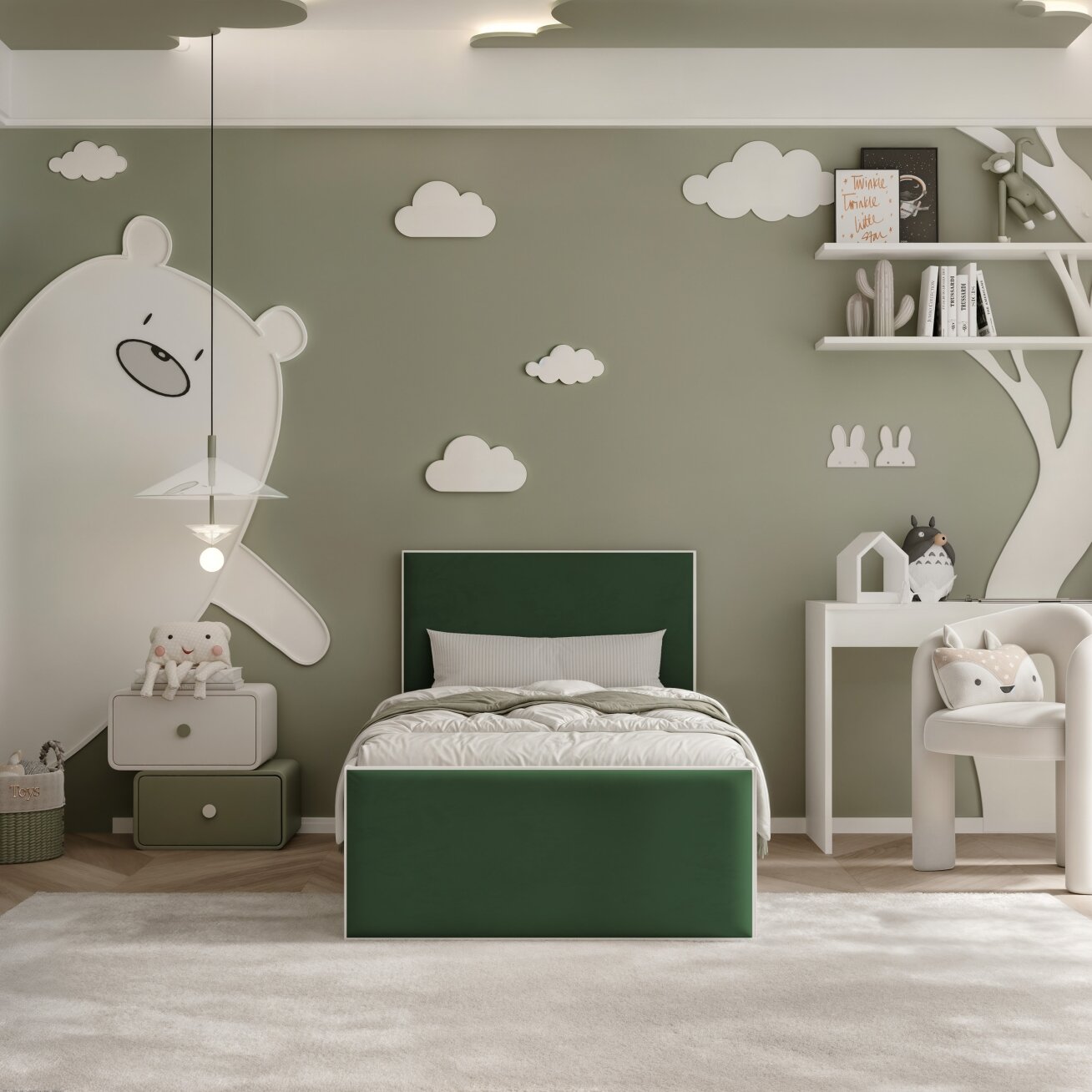 Lova su apmuštomis panelėmis ir grotelėmis SASHI 90x200 cm Putų čiužinys: ne, Spalvos: Royal 33 (Tamsiai žalia), Spalva: Balta 3