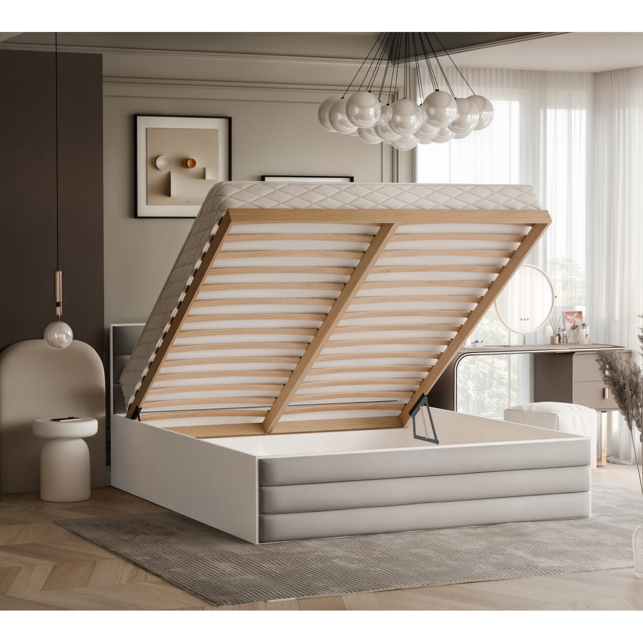 Lova su apmuštomis plokštėmis VANTAGE su patalynės dėže Miegojimo plotas: 120x200 cm, Putų čiužinys: ne, Spalvos: Royal 04 (Šviesi smėlio) 1 Lova su apmuštomis plokštėmis VANTAGE su patalynės dėže Miegojimo plotas: 120x200 cm, Putų čiužinys: ne, Spalvos: Royal 04 (Šviesi smėlio) 1