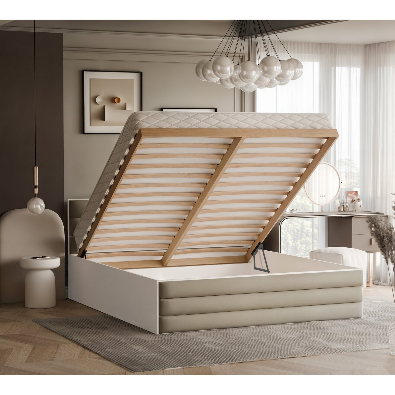 Lova su apmuštais skydeliais VANTAGE su patalynės dėže Miegamoji zona: 160x200 cm, Putų čiužinys: taip, Spalvos: Royal Elephant (pilkai žalia) 1 Lova su apmuštais skydeliais VANTAGE su patalynės dėže Miegamoji zona: 160x200 cm, Putų čiužinys: taip, Spalvos: Royal Elephant (pilkai žalia) 1