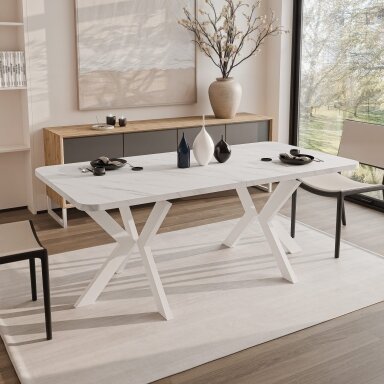 Loft stiliaus išskleidžiamas valgomojo stalas DANTON Spalvos: Balta / marmuras bianco