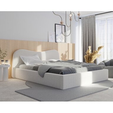 Minkšta lova COZY su medinėmis grotelėmis ir patalynės dėže Spalvos: Gerra 10 (pilkai smėlinė), miegamoji dalis: 180x200 cm