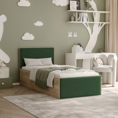 Lova su apmuštomis plokštėmis ir lovos grotelėmis SASHI 90x200 cm Putų čiužinys: ne, Spalvos: Royal 33 (Tamsiai žalia), Spalva: Sonoma ąžuolas
