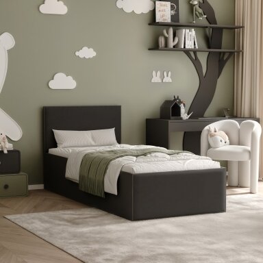 Lova su apmuštomis panelėmis ir grotelėmis SASHI 90x200 cm Putų čiužinys: ne, Spalvos: Royal 31 (juoda), Spalva: juoda