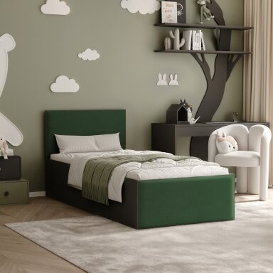 Lova su apmuštomis plokštėmis ir grotelėmis SASHI 90x200 cm Putų čiužinys: ne, Spalvos: Royal 33 (Tamsiai žalia), Spalva: Juoda