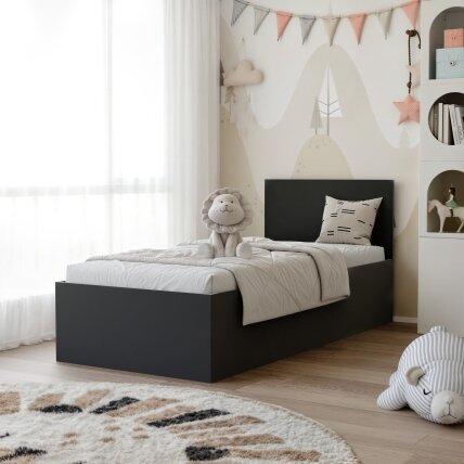 Lova su mediniu grotelių rėmu SIMPLE 90x200 cm Spalvos: Juoda, Putų poliuretano čiužinys: taip Lova su mediniu grotelių rėmu SIMPLE 90x200 cm Spalvos: Juoda, Putų poliuretano čiužinys: taip