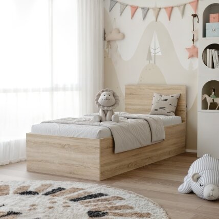 Lova su mediniu grotelių pagrindu SIMPLE 90x200 cm Spalvos: Sonoma ąžuolas, Putų poliuretano čiužinys: taip