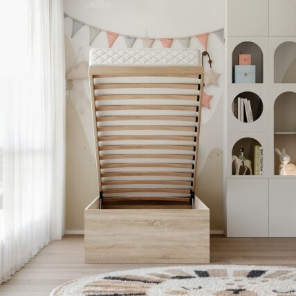 Lova su mediniu grotelių pagrindu SIMPLE 90x200 cm Spalvos: Sonoma ąžuolas, Putų poliuretano čiužinys: taip 4