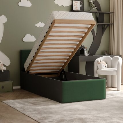 Lova su apmuštomis plokštėmis ir grotelėmis SASHI 90x200 cm Putų čiužinys: ne, Spalvos: Royal 33 (Tamsiai žalia), Spalva: Juoda 4 Lova su apmuštomis plokštėmis ir grotelėmis SASHI 90x200 cm Putų čiužinys: ne, Spalvos: Royal 33 (Tamsiai žalia), Spalva: Juoda 4