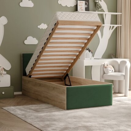 Lova su apmuštomis plokštėmis ir lovos grotelėmis SASHI 90x200 cm Putų čiužinys: ne, Spalvos: Royal 33 (Tamsiai žalia), Spalva: Sonoma ąžuolas 4 Lova su apmuštomis plokštėmis ir lovos grotelėmis SASHI 90x200 cm Putų čiužinys: ne, Spalvos: Royal 33 (Tamsiai žalia), Spalva: Sonoma ąžuolas 4