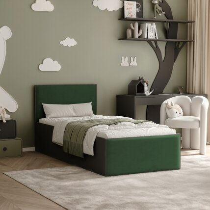 Lova su apmuštomis plokštėmis ir grotelėmis SASHI 90x200 cm Putų čiužinys: taip, Spalvos: Royal 33 (tamsiai žalia), Spalva: juoda