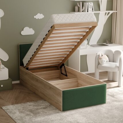 Lova su apmuštomis plokštėmis ir grotelėmis SASHI 90x200 cm Putų čiužinys: taip, Spalvos: Royal 33 (tamsiai žalia), Spalva: sonomos ąžuolas 1 Lova su apmuštomis plokštėmis ir grotelėmis SASHI 90x200 cm Putų čiužinys: taip, Spalvos: Royal 33 (tamsiai žalia), Spalva: sonomos ąžuolas 1
