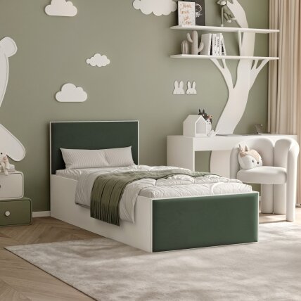 Lova su apmuštomis panelėmis ir grotelių rėmu SASHI 90x200 cm Putų čiužinys: ne, Spalvos: Royal Green (Žalia), Spalva: Balta Lova su apmuštomis panelėmis ir grotelių rėmu SASHI 90x200 cm Putų čiužinys: ne, Spalvos: Royal Green (Žalia), Spalva: Balta