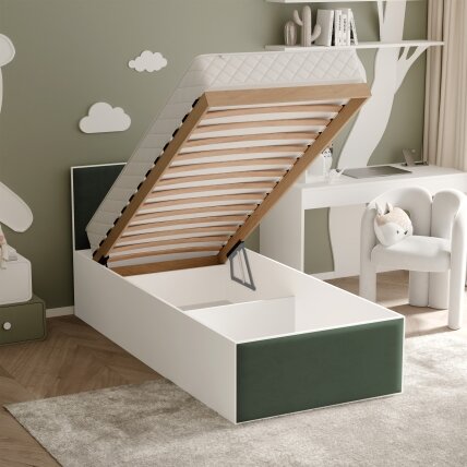 Lova su apmuštomis panelėmis ir grotelių rėmu SASHI 90x200 cm Putų čiužinys: taip, Spalvos: Royal Green (Žalia), Spalva: Balta 1 Lova su apmuštomis panelėmis ir grotelių rėmu SASHI 90x200 cm Putų čiužinys: taip, Spalvos: Royal Green (Žalia), Spalva: Balta 1