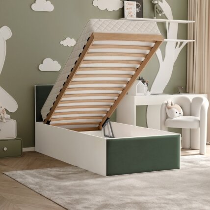 Lova su apmuštomis panelėmis ir grotelių rėmu SASHI 90x200 cm Putų čiužinys: taip, Spalvos: Royal Green (Žalia), Spalva: Balta 4