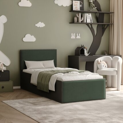 Lova su apmuštomis panelėmis ir lovos grotelėmis SASHI 90x200 cm Putų čiužinys: taip, Spalvos: Royal Green (Žalia), Spalva: Juoda Lova su apmuštomis panelėmis ir lovos grotelėmis SASHI 90x200 cm Putų čiužinys: taip, Spalvos: Royal Green (Žalia), Spalva: Juoda
