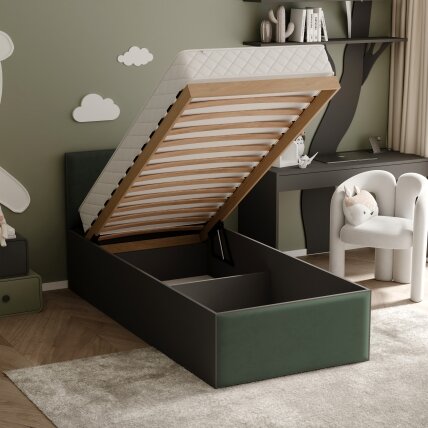 Lova su apmuštomis panelėmis ir lovos grotelėmis SASHI 90x200 cm Putų čiužinys: taip, Spalvos: Royal Green (Žalia), Spalva: Juoda 1 Lova su apmuštomis panelėmis ir lovos grotelėmis SASHI 90x200 cm Putų čiužinys: taip, Spalvos: Royal Green (Žalia), Spalva: Juoda 1