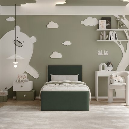 Lova su apmuštomis plokštėmis ir grotelėmis SASHI 90x200 cm Putų čiužinys: taip, Spalvos: Royal Green (žalia), Spalva: sonomos ąžuolas 3 Lova su apmuštomis plokštėmis ir grotelėmis SASHI 90x200 cm Putų čiužinys: taip, Spalvos: Royal Green (žalia), Spalva: sonomos ąžuolas 3