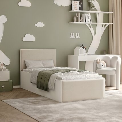 Lova su apmuštomis panelėmis ir lovos grotelėmis SASHI 90x200 cm Putų čiužinys: taip, Spalvos: Royal 04 (Šviesiai smėlinė), Spalva: Balta Lova su apmuštomis panelėmis ir lovos grotelėmis SASHI 90x200 cm Putų čiužinys: taip, Spalvos: Royal 04 (Šviesiai smėlinė), Spalva: Balta