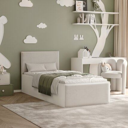 Lova su apmuštomis panelėmis ir grotelėmis SASHI 90x200 cm Putų čiužinys: taip, Spalvos: Royal Elephant (pilkai žalia), Spalva: balta Lova su apmuštomis panelėmis ir grotelėmis SASHI 90x200 cm Putų čiužinys: taip, Spalvos: Royal Elephant (pilkai žalia), Spalva: balta