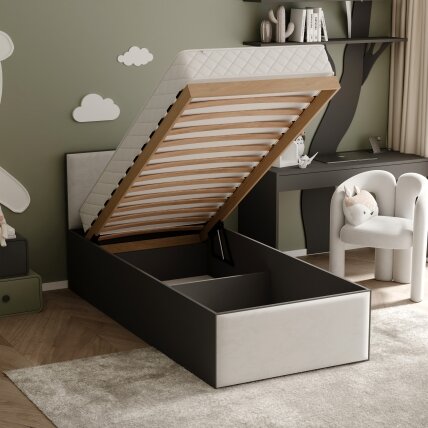 Lova su minkštomis apmuštomis panelėmis ir grotelių rėmu SASHI 90x200 cm Putų čiužinys: taip, Spalvos: Royal 04 (šviesiai smėlinė), Spalva: juoda 1
