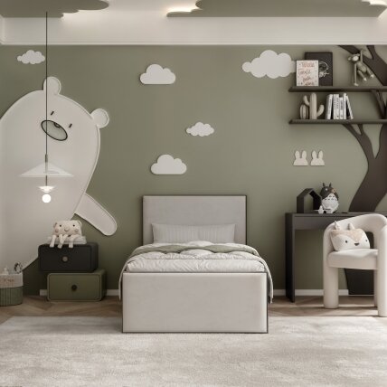 Lova su minkštomis apmuštomis panelėmis ir grotelių rėmu SASHI 90x200 cm Putų čiužinys: taip, Spalvos: Royal 04 (šviesiai smėlinė), Spalva: juoda 3