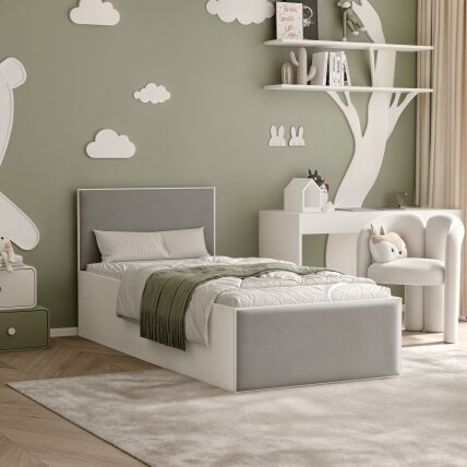 Lova su apmuštomis panelėmis ir grotelių rėmu SASHI 90x200 cm Putų čiužinys: ne, Spalvos: Royal 27 (Pilka), Spalva: Balta