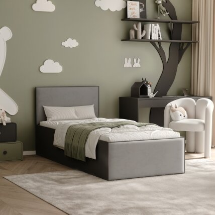 Lova su apmuštomis panelėmis ir lovos grotelėmis SASHI 90x200 cm Putų čiužinys: ne, Spalvos: Royal 27 (pilka), Spalva: juoda