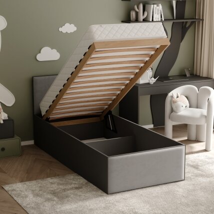 Lova su apmuštomis panelėmis ir lovos grotelėmis SASHI 90x200 cm Putų čiužinys: ne, Spalvos: Royal 27 (pilka), Spalva: juoda 1 Lova su apmuštomis panelėmis ir lovos grotelėmis SASHI 90x200 cm Putų čiužinys: ne, Spalvos: Royal 27 (pilka), Spalva: juoda 1
