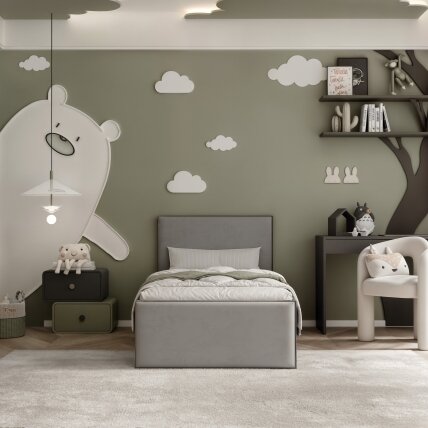 Lova su apmuštomis panelėmis ir lovos grotelėmis SASHI 90x200 cm Putų čiužinys: ne, Spalvos: Royal 27 (pilka), Spalva: juoda 3 Lova su apmuštomis panelėmis ir lovos grotelėmis SASHI 90x200 cm Putų čiužinys: ne, Spalvos: Royal 27 (pilka), Spalva: juoda 3