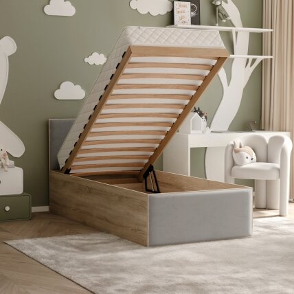 Lova su apmuštomis panelėmis ir grotelių rėmu SASHI 90x200 cm Putų čiužinys: taip, Spalvos: Royal 27 (Pilka), Spalva: Sonoma ąžuolas 3