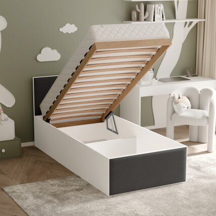 Lova su apmuštomis panelėmis ir grotelių rėmu SASHI 90x200 cm Putų čiužinys: ne, Spalvos: Royal 31 (Juoda), Spalva: Balta 1 Lova su apmuštomis panelėmis ir grotelių rėmu SASHI 90x200 cm Putų čiužinys: ne, Spalvos: Royal 31 (Juoda), Spalva: Balta 1