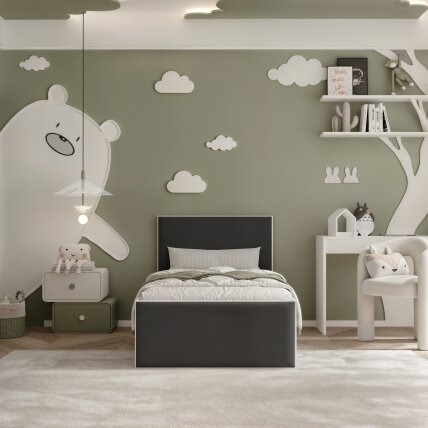 Lova su apmuštomis panelėmis ir grotelių rėmu SASHI 90x200 cm Putų čiužinys: ne, Spalvos: Royal 31 (Juoda), Spalva: Balta 3 Lova su apmuštomis panelėmis ir grotelių rėmu SASHI 90x200 cm Putų čiužinys: ne, Spalvos: Royal 31 (Juoda), Spalva: Balta 3