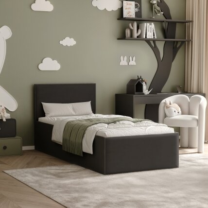 Lova su apmuštomis panelėmis ir grotelėmis SASHI 90x200 cm Putų čiužinys: ne, Spalvos: Royal 31 (juoda), Spalva: juoda