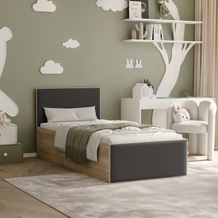 Lova su apmuštais paneliais ir grotelėmis SASHI 90x200 cm Putų čiužinys: ne, Spalvos: Royal 31 (Juoda), Spalva: Sonoma ąžuolas Lova su apmuštais paneliais ir grotelėmis SASHI 90x200 cm Putų čiužinys: ne, Spalvos: Royal 31 (Juoda), Spalva: Sonoma ąžuolas