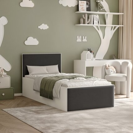 Lova su apmuštomis plokštėmis ir lovos grotelėmis SASHI 90x200 cm Putų čiužinys: taip, Spalvos: Royal 31 (juoda), Spalva: balta