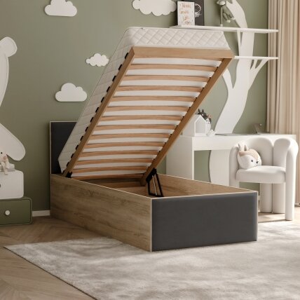 Lova su apmuštomis plokštėmis ir grotelių rėmu SASHI 90x200 cm Putų čiužinys: taip, Spalvos: Royal 31(Juoda), Spalva: Sonoma ąžuolas 4