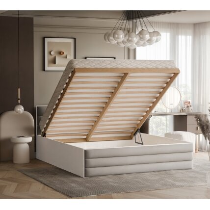Lova su apmuštomis plokštėmis VANTAGE su patalynės dėže Miegamoji zona: 140x200 cm, putų čiužinys: taip, Spalvos: Royal 04 (Šviesiai smėlinė) 1 Lova su apmuštomis plokštėmis VANTAGE su patalynės dėže Miegamoji zona: 140x200 cm, putų čiužinys: taip, Spalvos: Royal 04 (Šviesiai smėlinė) 1