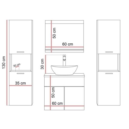 LUMIRE LOFT60, vonios baldų komplektas su 2 aukštomis spintelėmis, veidrodžiu, praustuvu ir chromuotu maišytuvu, Wotan ąžuolo spalvos 7