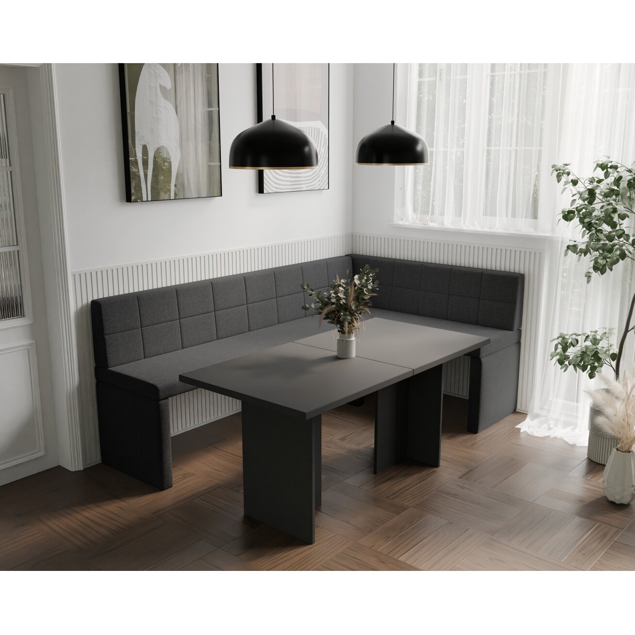 Virtuvinis kampas MELVIN Kampo pusė: dešinė, Spalvos: Inari 100 (Juoda), Dydis: 142x196 cm Virtuvinis kampas MELVIN Kampo pusė: dešinė, Spalvos: Inari 100 (Juoda), Dydis: 142x196 cm